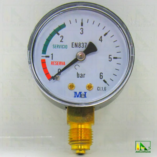 Manómetro 0-6 bar rosca M-1/4" con indicador servicio - reserva - Imagen Web de Ancargas ©