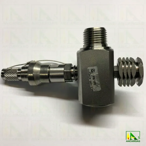 Válvula de 3 vías 1-2 inox para manómetro con enchufe rápido - Imagen Web de Ancargas ©