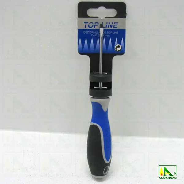 Destornillador Top Line Plano 3x75mm Varilla Cr-V. punta negra magnética - Imagen Web de Ancargas ©