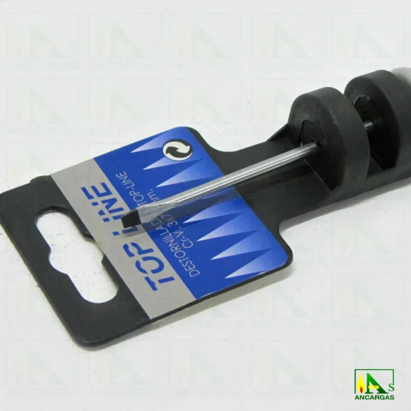 Destornillador Top Line Plano 3x75mm Varilla Cr-V. punta negra magnética - Imagen Web de Ancargas ©