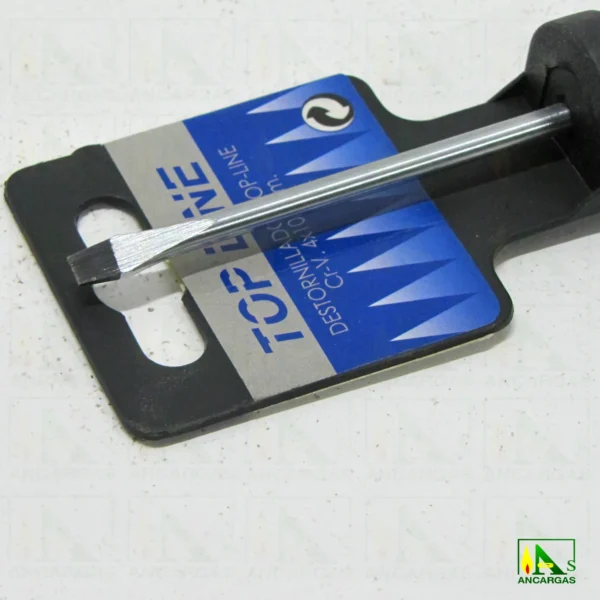 Destornillador Top Line Plano 4x100mm Varilla Cr-V. punta negra magnética - Imagen Web de Ancargas ©