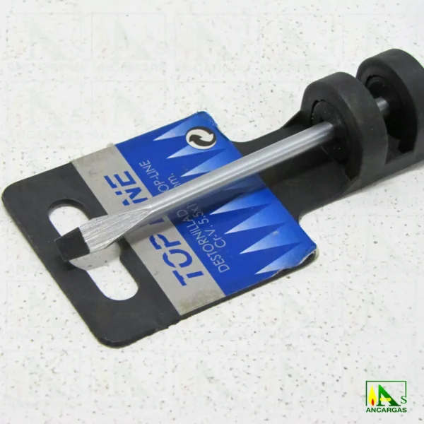 Destornillador Top Line Plano 5x125mm Varilla Cr-V. punta negra magnética - Imagen Web de Ancargas ©