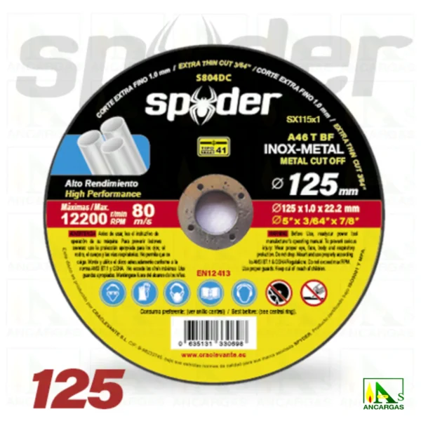 DIS-0002 – Discos Abrasivos Spyder corte inox. Ø125mm espesor 1mm Orificio 22,2mm – Imagen Web de Ancargas ©