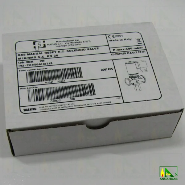 Electroválvula rearme manual NC a 230V - 500mbar DN20 - Imagen Web de Ancargas ©