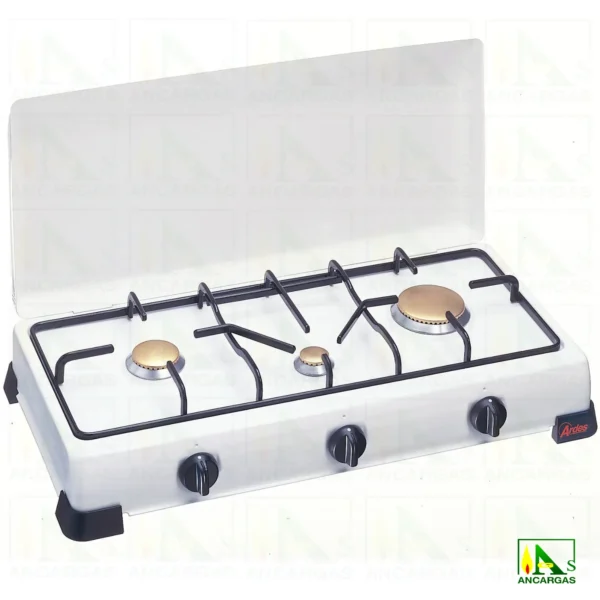 Cocina Gas Zeus esmaltada de 3 fuegos con tapa - Imagen Web de Ancargas ©