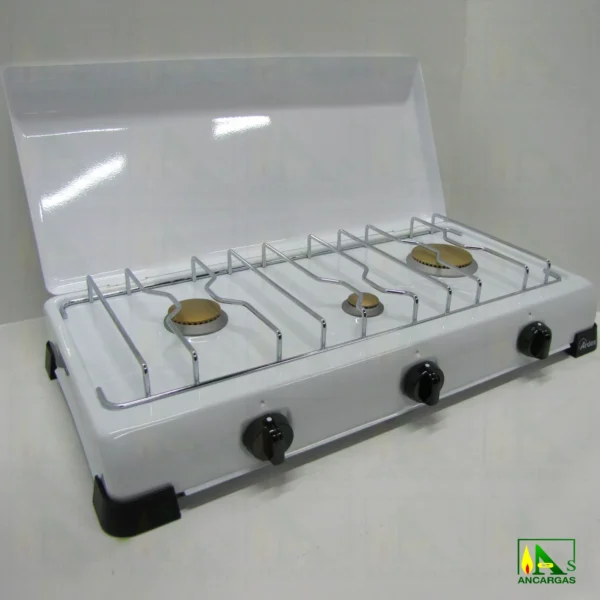 Cocina Gas Zeus esmaltada de 3 fuegos con tapa - Imagen Web de Ancargas ©