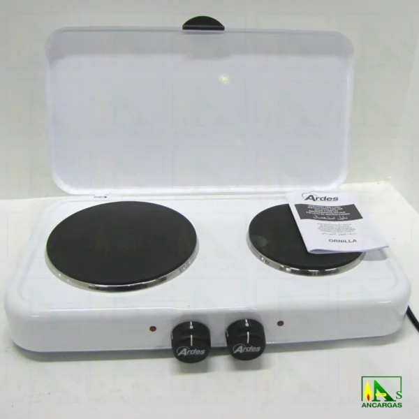 Hornillo eléctrico doble con tapa blanco 1000W+1500W placas hierro Ø 14,5+18cm - Imagen Web de Ancargas ©