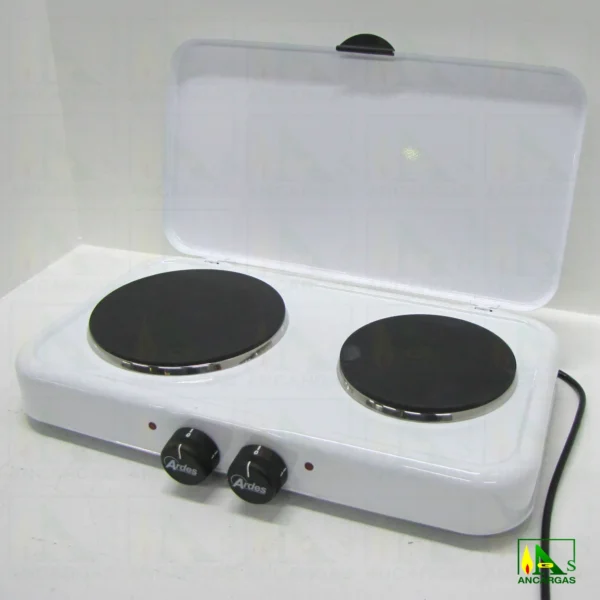 Hornillo eléctrico doble con tapa blanco 1000W+1500W placas hierro Ø 14,5+18cm - Imagen Web de Ancargas ©