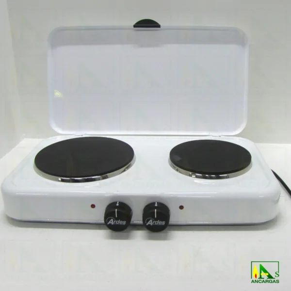 Hornillo eléctrico doble con tapa blanco 1000W+1500W placas hierro Ø 14,5+18cm - Imagen Web de Ancargas ©