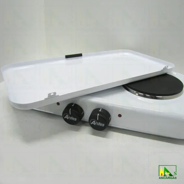 Hornillo eléctrico doble con tapa blanco 1000W+1500W placas hierro Ø 14,5+18cm - Imagen Web de Ancargas ©