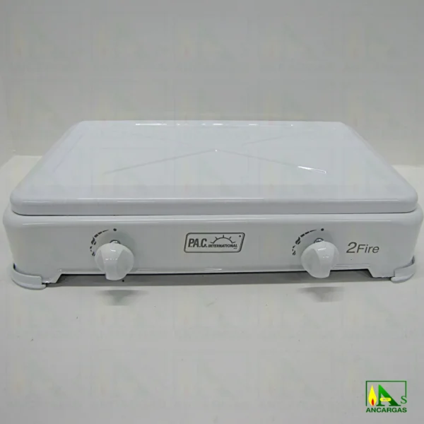 Cocina de gas de 2 fuegos en acero esmaltado blanco con tapa ideal camping - Imagen Web de Ancargas ©
