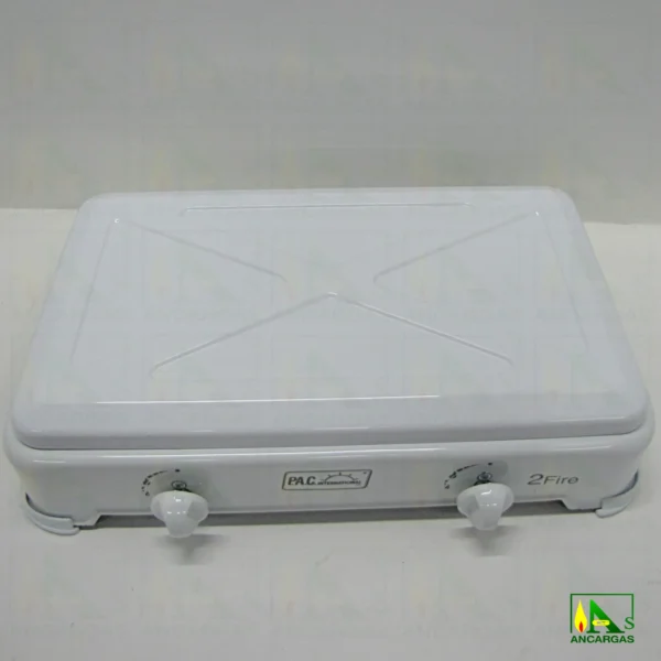 Cocina de gas de 2 fuegos en acero esmaltado blanco con tapa ideal camping - Imagen Web de Ancargas ©