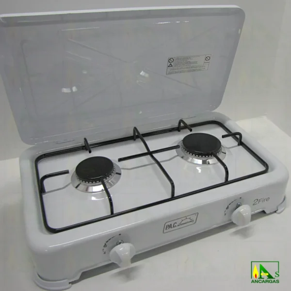 Cocina de gas de 2 fuegos en acero esmaltado blanco con tapa ideal camping - Imagen Web de Ancargas ©