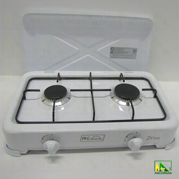 Cocina de gas de 2 fuegos en acero esmaltado blanco con tapa ideal camping - Imagen Web de Ancargas ©
