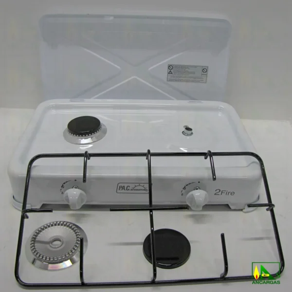 Cocina de gas de 2 fuegos en acero esmaltado blanco con tapa ideal camping - Imagen Web de Ancargas ©