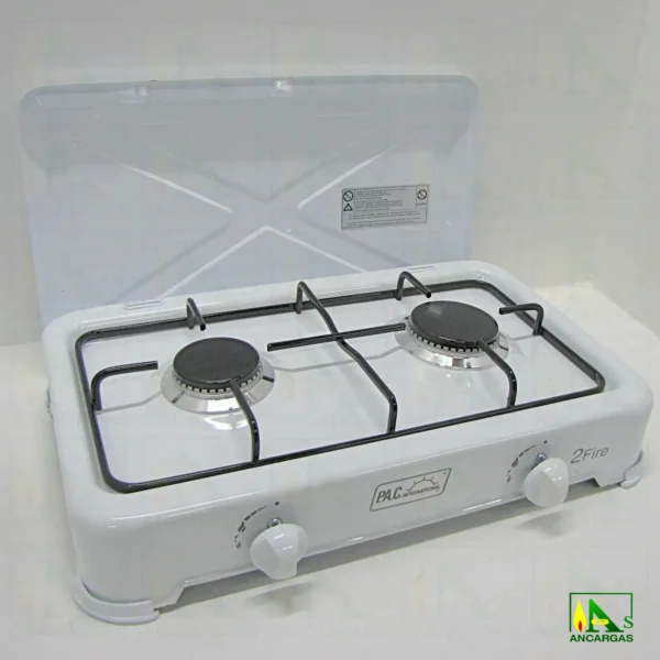 Cocina de gas de 2 fuegos en acero esmaltado blanco con tapa ideal camping - Imagen Web de Ancargas ©