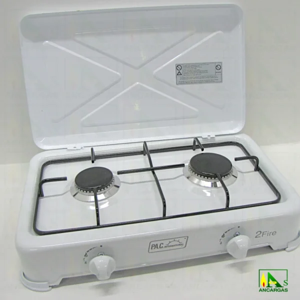 Cocina de gas de 2 fuegos en acero esmaltado blanco con tapa ideal camping - Imagen Web de Ancargas ©
