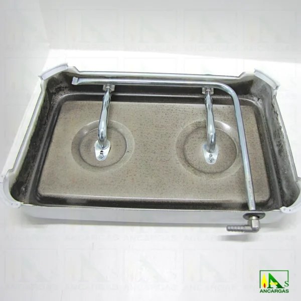 Cocina de gas de 2 fuegos en acero esmaltado blanco con tapa ideal camping - Imagen Web de Ancargas ©