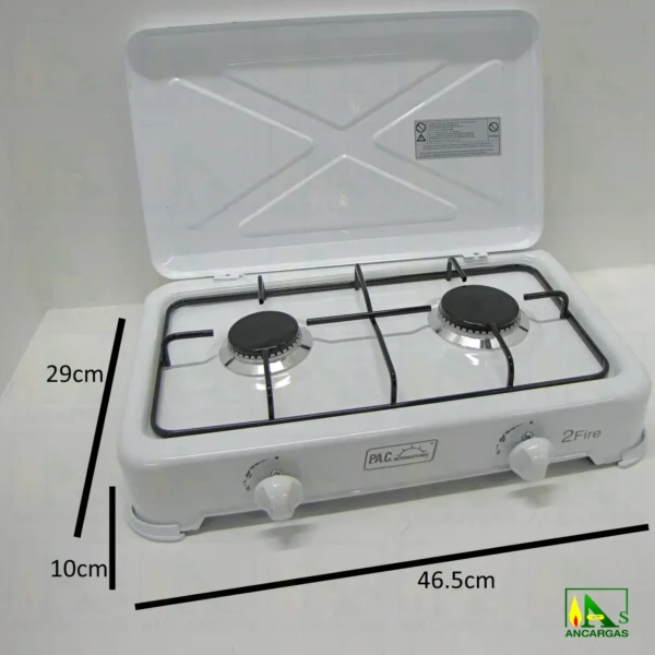 Cocina de gas de 2 fuegos en acero esmaltado blanco con tapa ideal camping - Imagen Web de Ancargas ©
