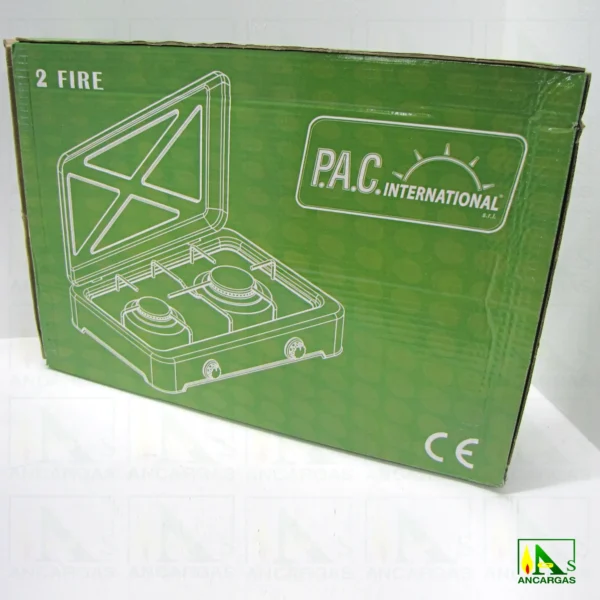 Cocina de gas de 2 fuegos en acero esmaltado blanco con tapa ideal camping - Imagen Web de Ancargas ©
