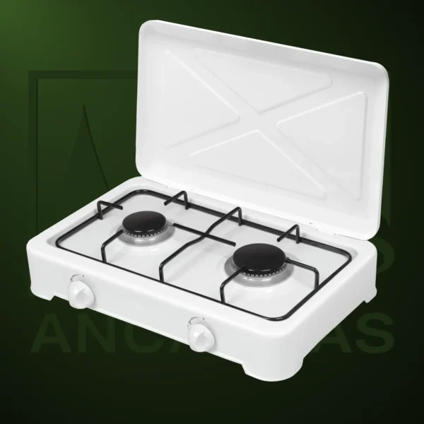 Cocina de gas de 2 fuegos en acero esmaltado blanco con tapa ideal camping - Imagen Web de Ancargas ©