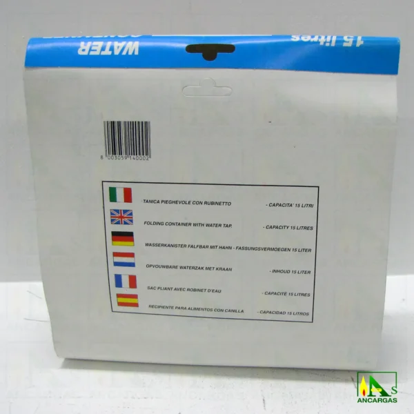 Tonel plegable para agua 15L en plástico para alimentación con asa y grifo - Imagen Web de Ancargas ©