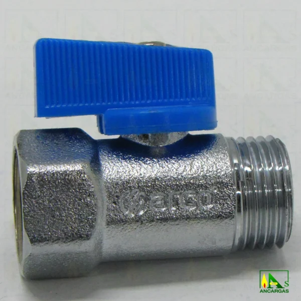 Válvula esfera mini PN16 macho hembra hexagonal mando AZUL y acabado cromo - Imagen Web de Ancargas ©