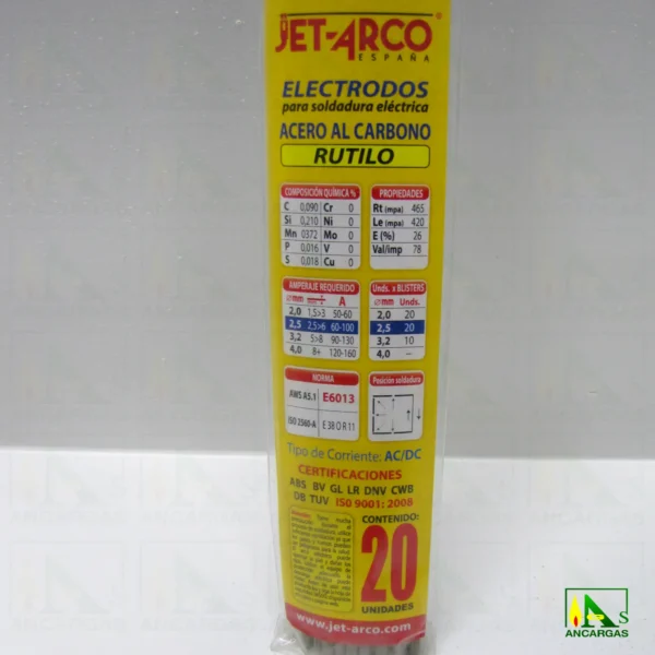 Electrodo Rutilo universal para soldadura eléctrica Jet Arco AWS E-6013 2,5mm - Imagen Web de Ancargas ©