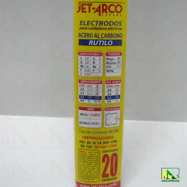 Electrodo Rutilo universal para soldadura eléctrica Jet Arco AWS E-6013 3,2mm - Imagen Web de Ancargas ©