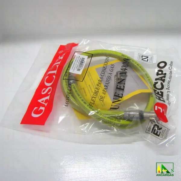 Tubo flexible inox. Presinox blindado con válvula para aparatos fijos y moviles - Imagen Web de Ancargas ©