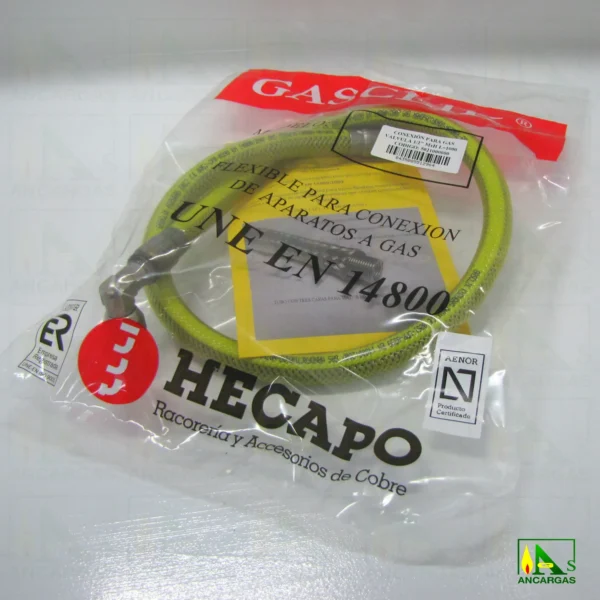 Tubo flexible inox. Presinox blindado con válvula para aparatos fijos y moviles - Imagen Web de Ancargas ©