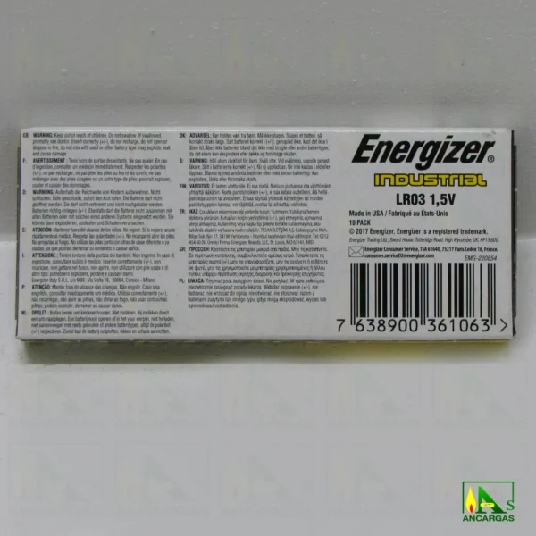 Pila Energizer Industrial AAA LR03 x 10 - Imagen Web de Ancargas ©